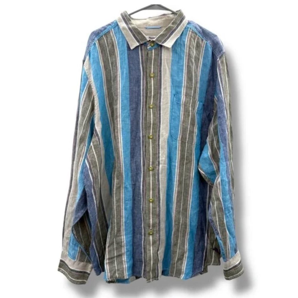 Tommy Bahama 100% Linen Long Sleeve Striped Button Down Shirt Sz XXL Blue Cream